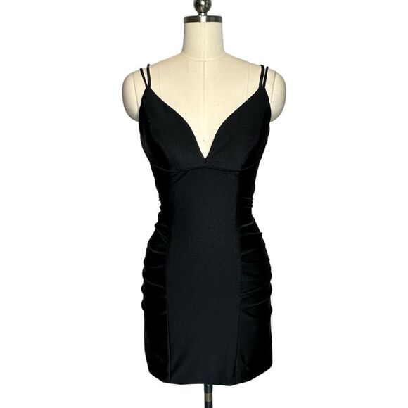 Sherri Hill Black Lace Up Ruched Mini Cocktail Dress | 4 - Picture 2 of 8